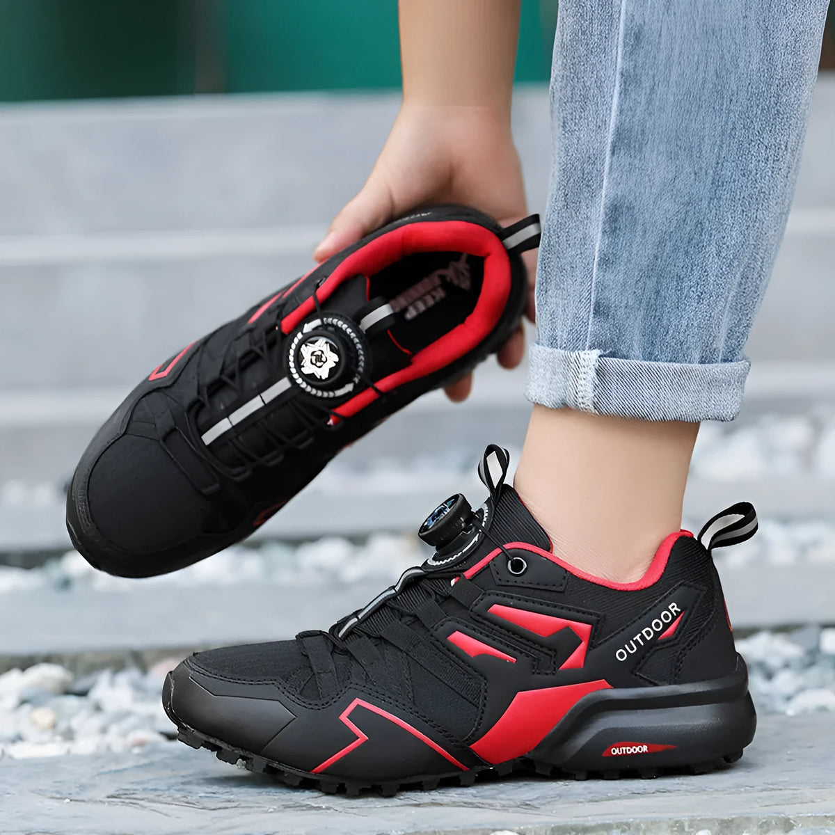 Men's beige lightweight hiking shoes with an elastic band closure and synthetic leather upper.