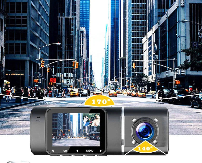 Standard black car dash cam with 1.5-inch screen, mounted on a stand, showing front camera lens