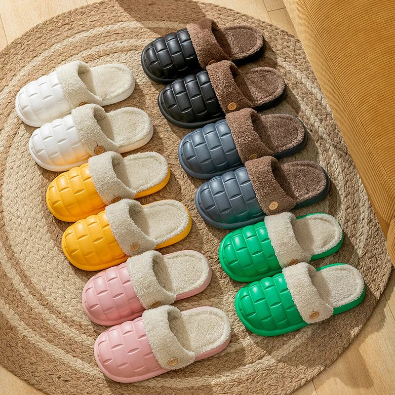 Plaid detachable slippers with plush lining and a textured EVA sole, shown in pink.