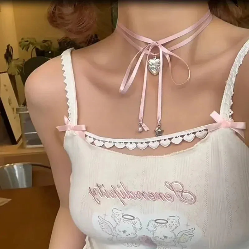 Women's electroplated alloy necklace with ribbon and love pendant on clavicle chain