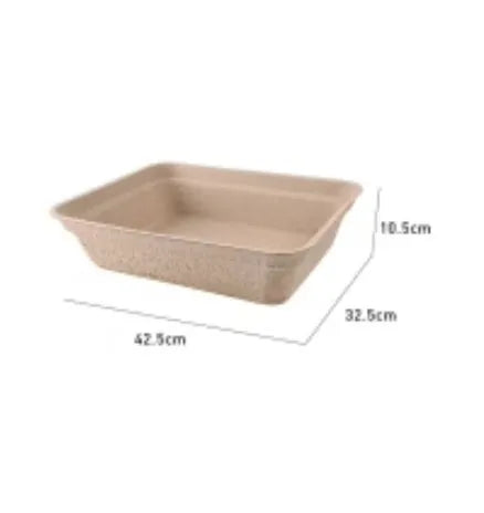 A brown disposable cat litter box showing its three available size options.