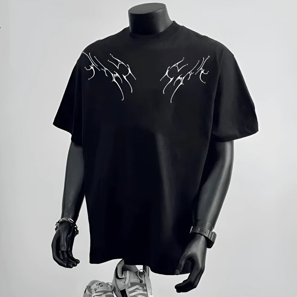 Men's black loose fit cotton T-shirt with printed white couple letter design on front