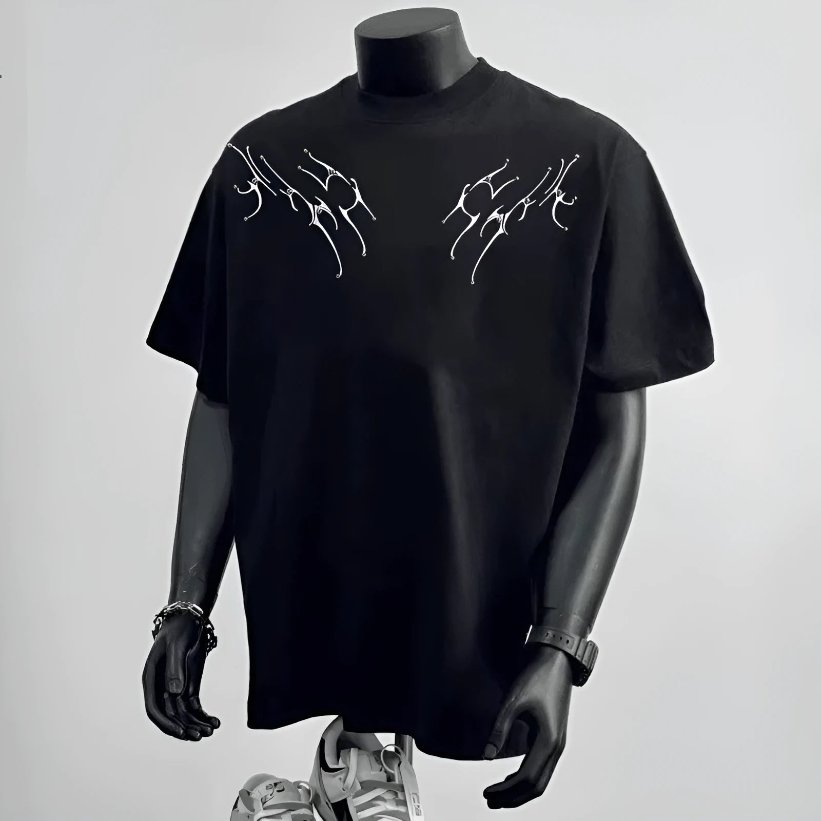 Men's black loose fit cotton T-shirt with printed white couple letter design on front