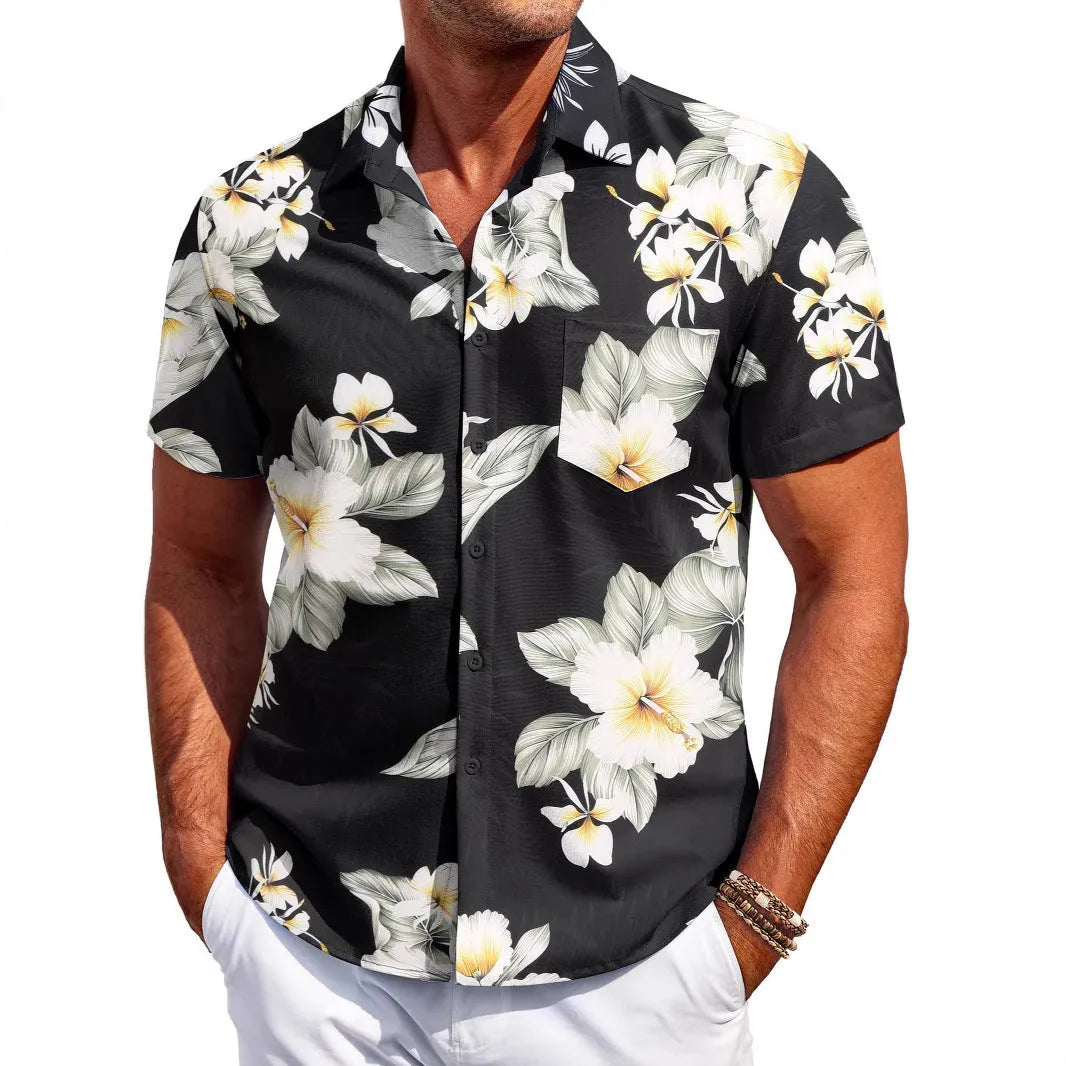 Men's slim fit Hawaiian short sleeve shirt in elastic polyester fabric showing colour options and cardigan style