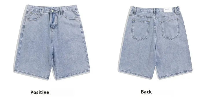 Men's straight-leg denim shorts in light blue, white, black and grey colours showing mid waist design