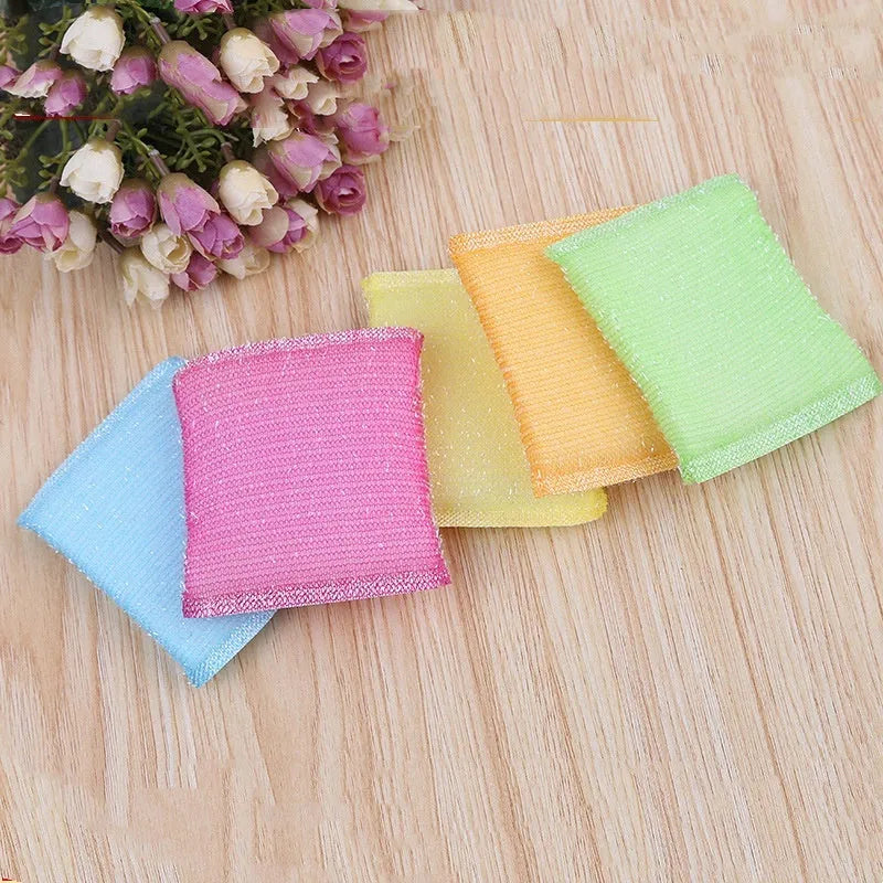 Pinstripe fabric dishwashing sponge mop in mixed macaron colours showing 12cm by 8.5cm dimensions