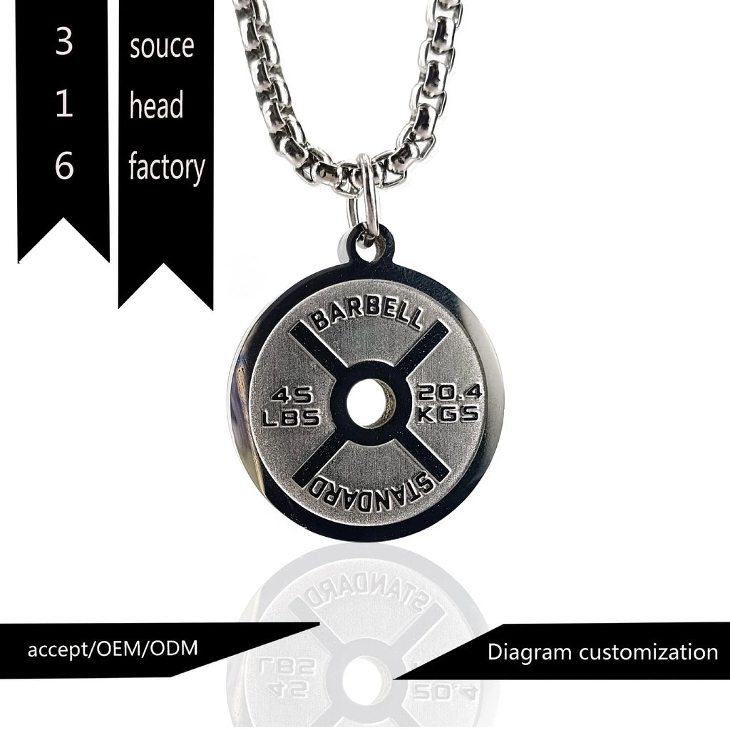 Stainless steel barbell disk necklace with geometric pendant and 60cm chain options