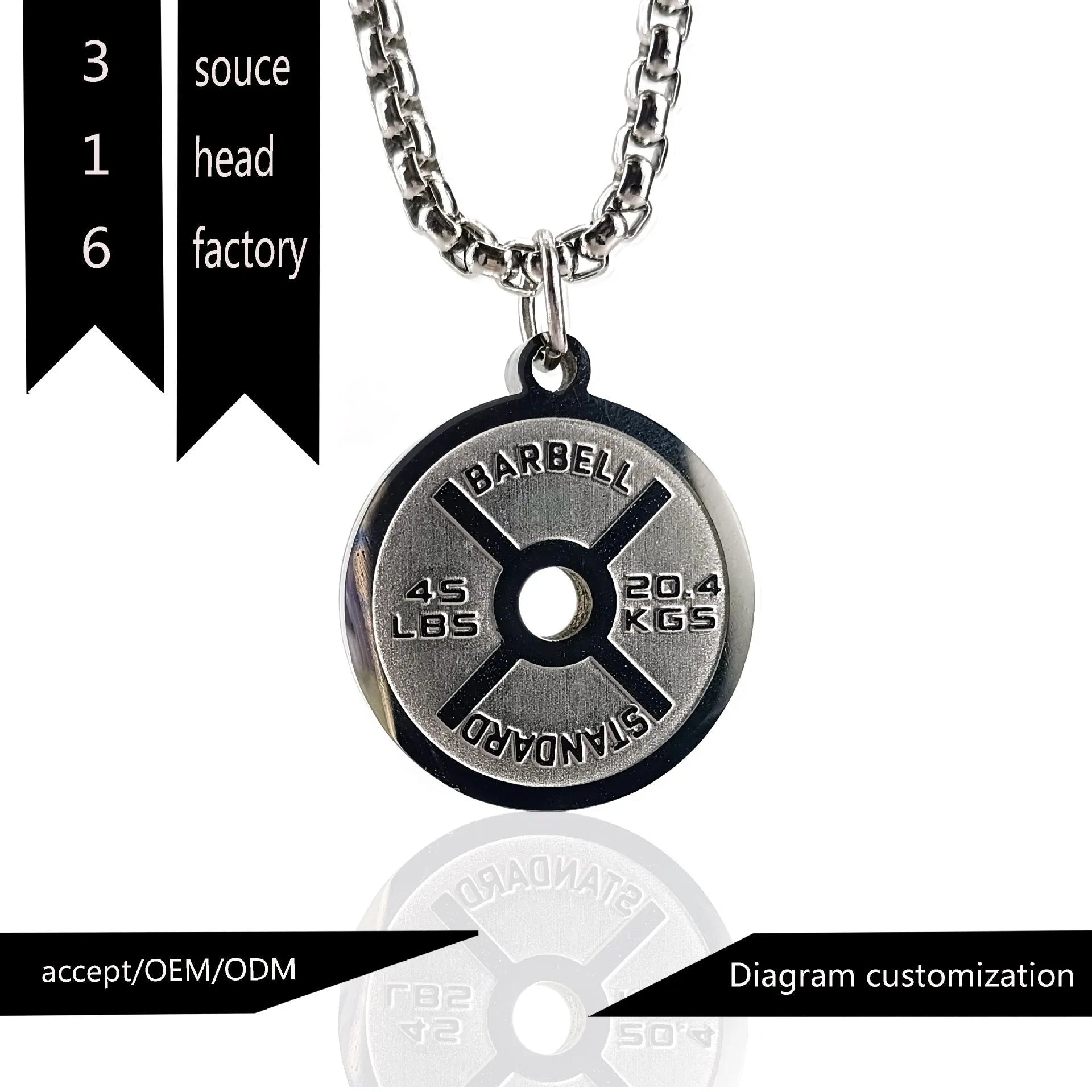 Stainless steel barbell disk necklace with geometric pendant and 60cm chain options