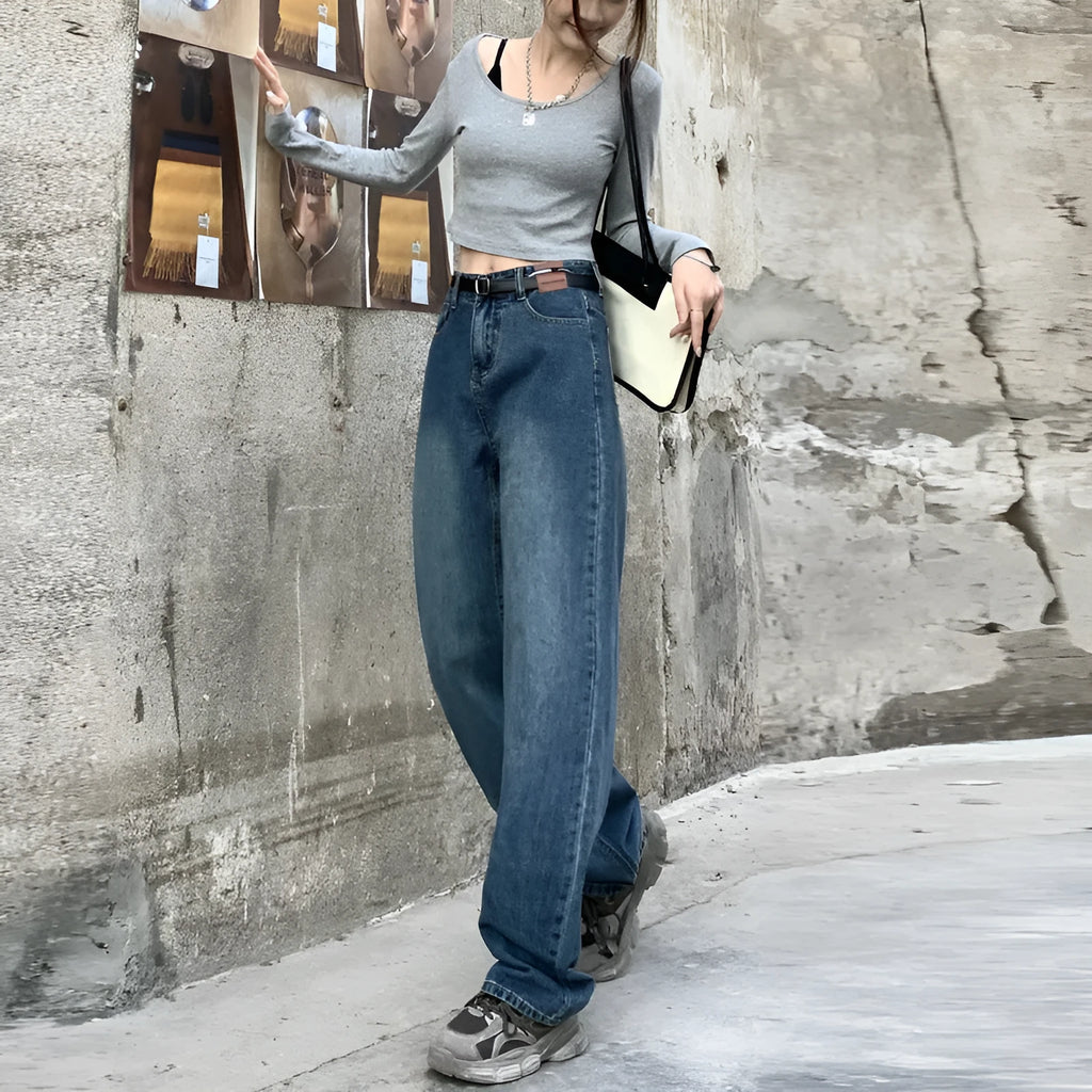 Women's retro blue straight-leg jeans with high waist design in three length variations