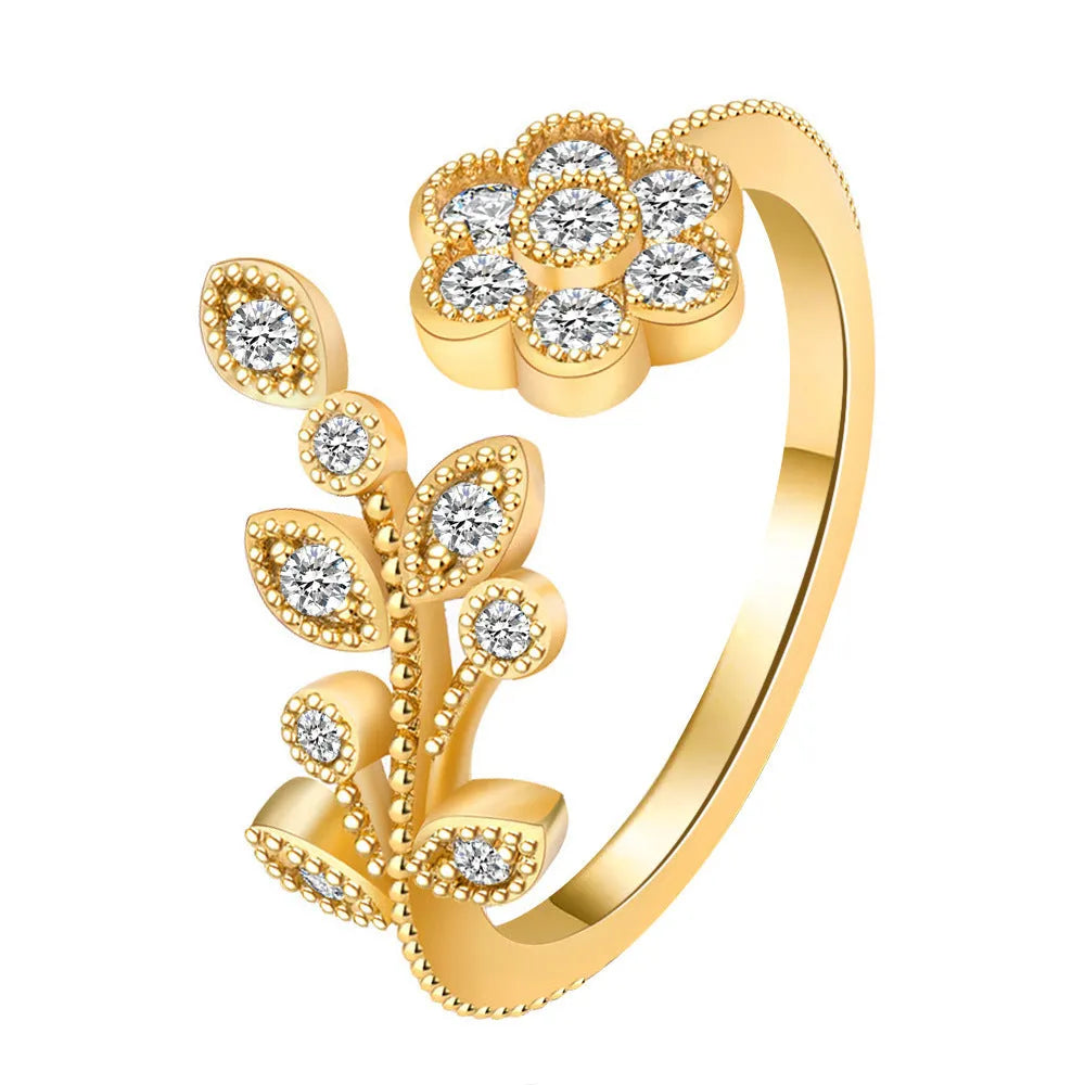 Open-mouth copper ring with diamond-cut flower and leaf design for women in gold or white finish