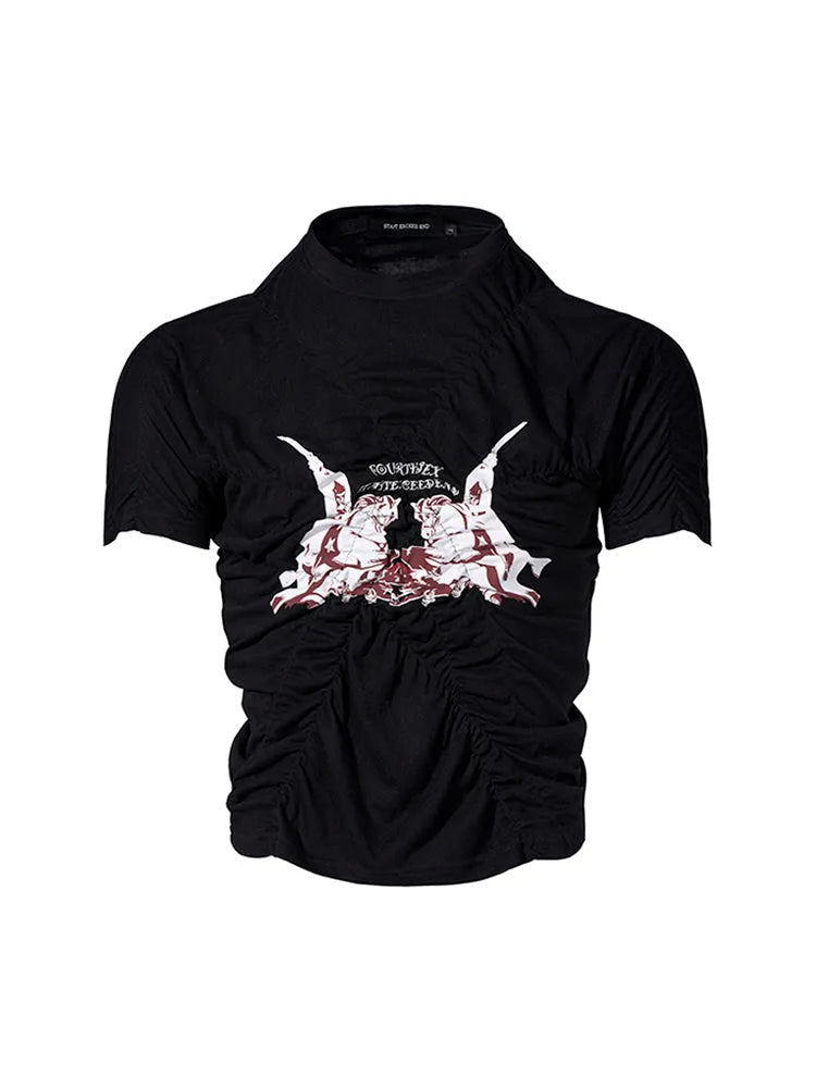Black men's slim fit short sleeve summer shirt with printed design and round neck collar