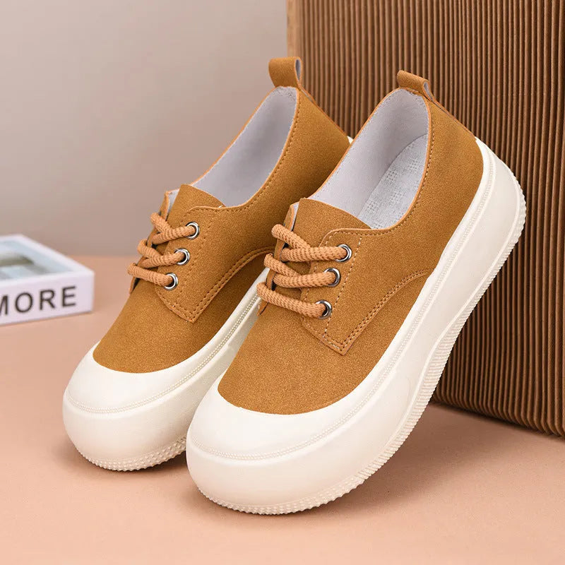 Women's suede platform loafers with 4cm height increase, round toe, and front lace-up design in beige, black, and camel.