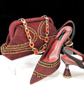 Women's pointed toe high heel shoes with matching small bag in synthetic leather, wine glass heel