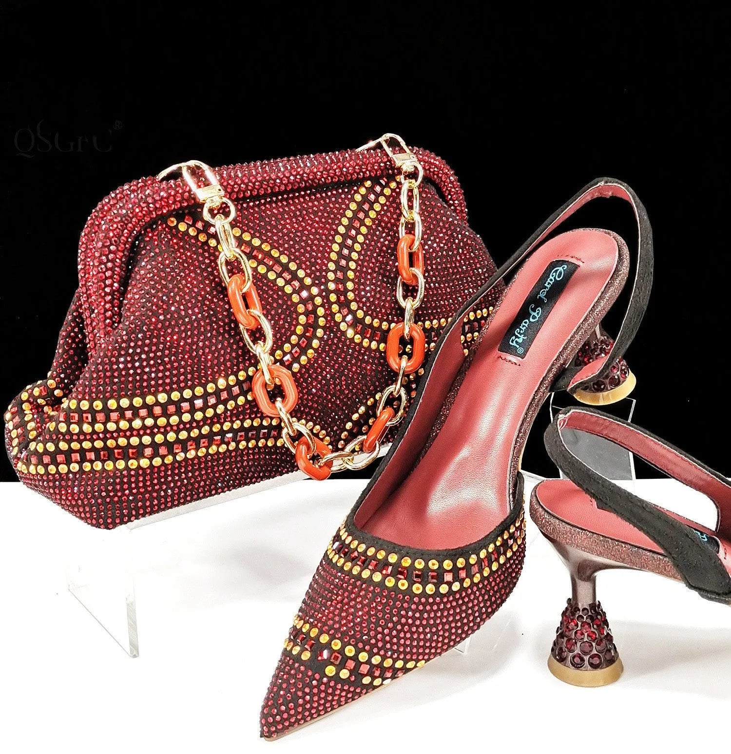 Women's pointed toe high heel shoes with matching small bag in synthetic leather, wine glass heel