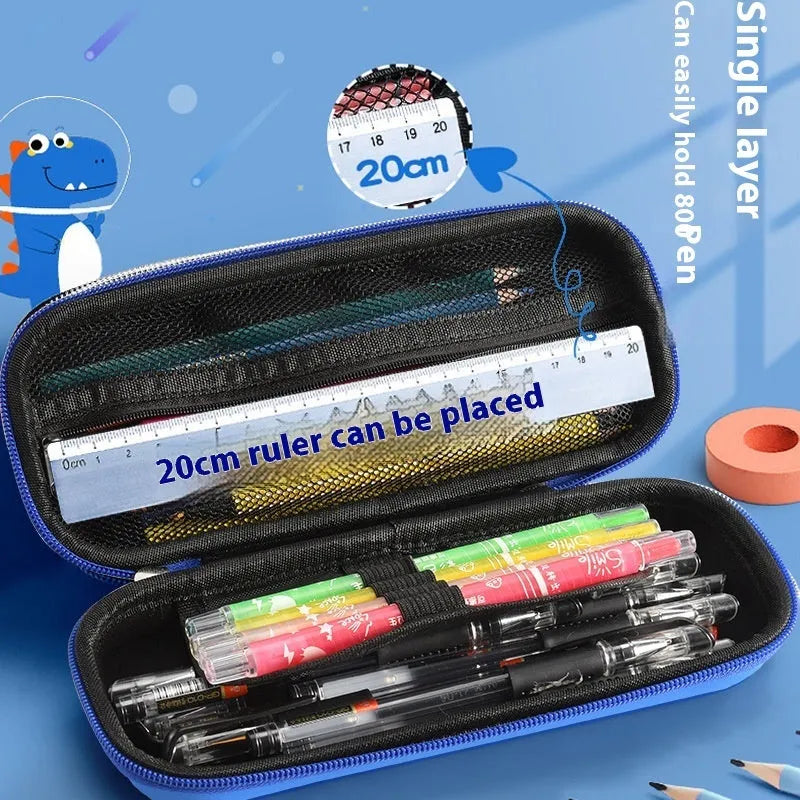 3D leather pencil case showing embossed astronaut and dinosaur design options.