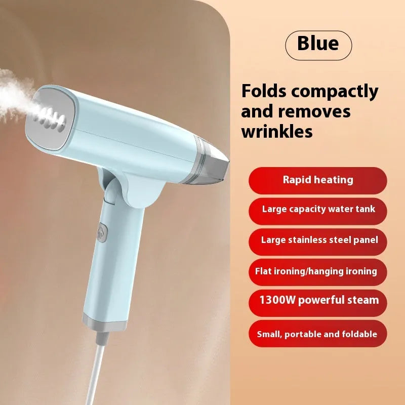 Blue and white handheld garment steamer with compact design and water tank.