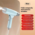Blue and white handheld garment steamer with compact design and water tank.