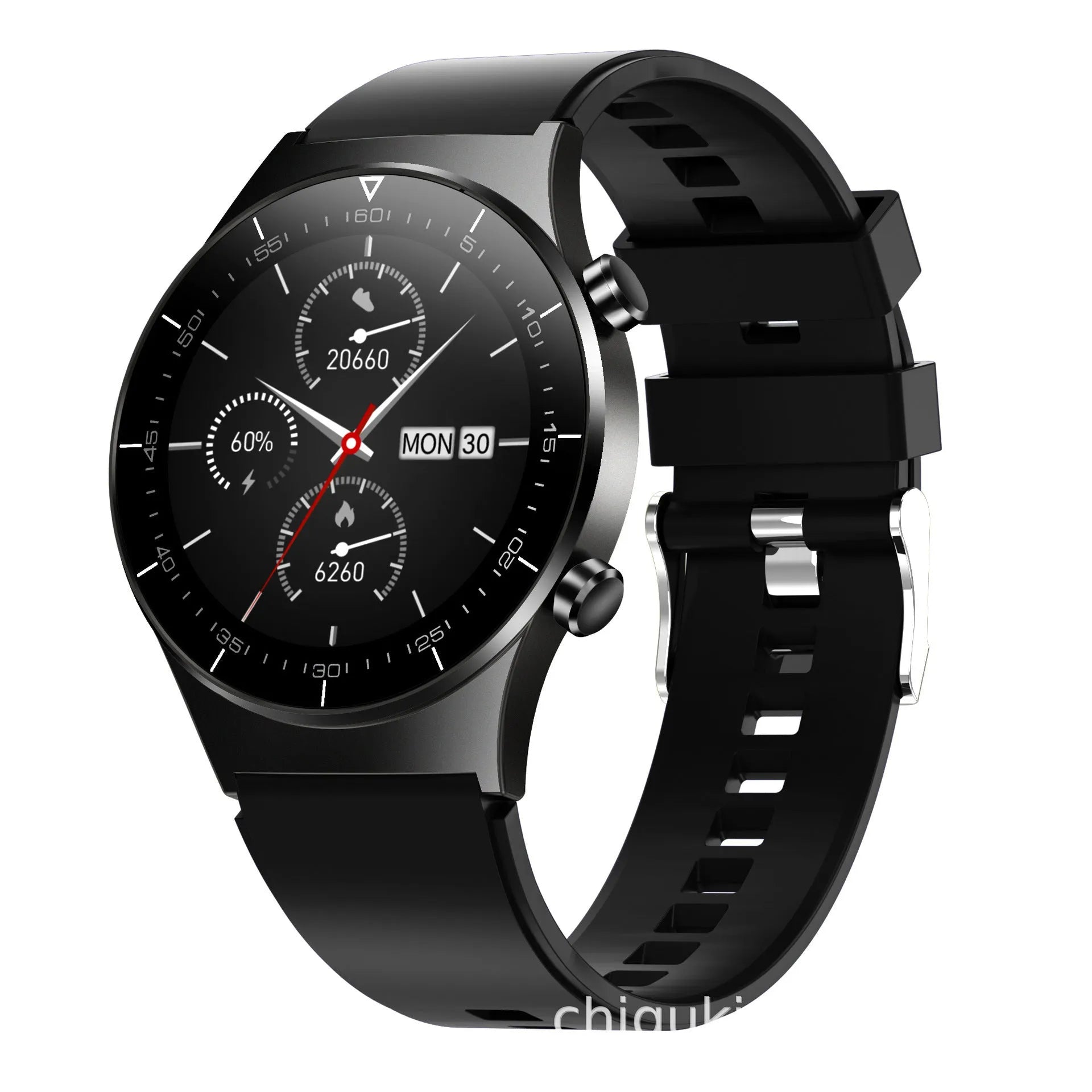 Black TPU smart watch with 1.28-inch glass touchscreen displaying heart rate and step count data