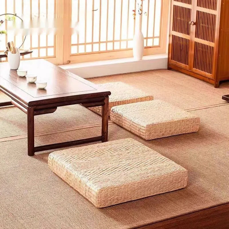 Japanese-style rattan futon sofa cushion in natural rush with hard rubber-plastic core, square 40cm 45cm 50cm sizes