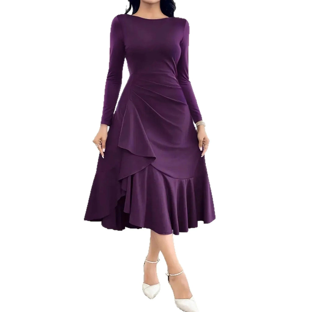 Purple women's long sleeve dress with ruffles and a round neck, showing mid waist fit.