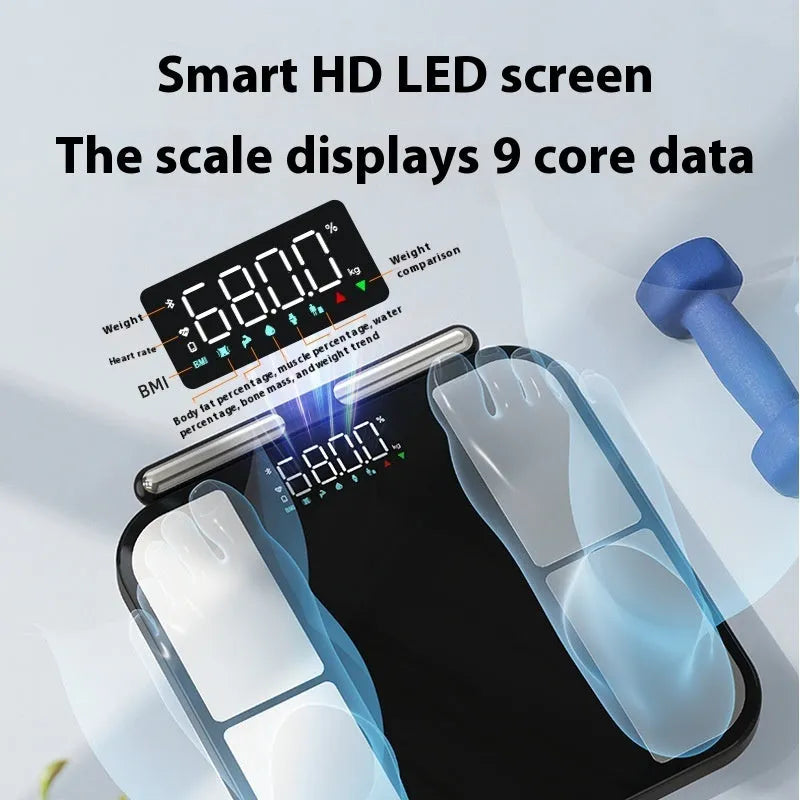 Black electronic body fat scale with tempered glass platform and colour screen display