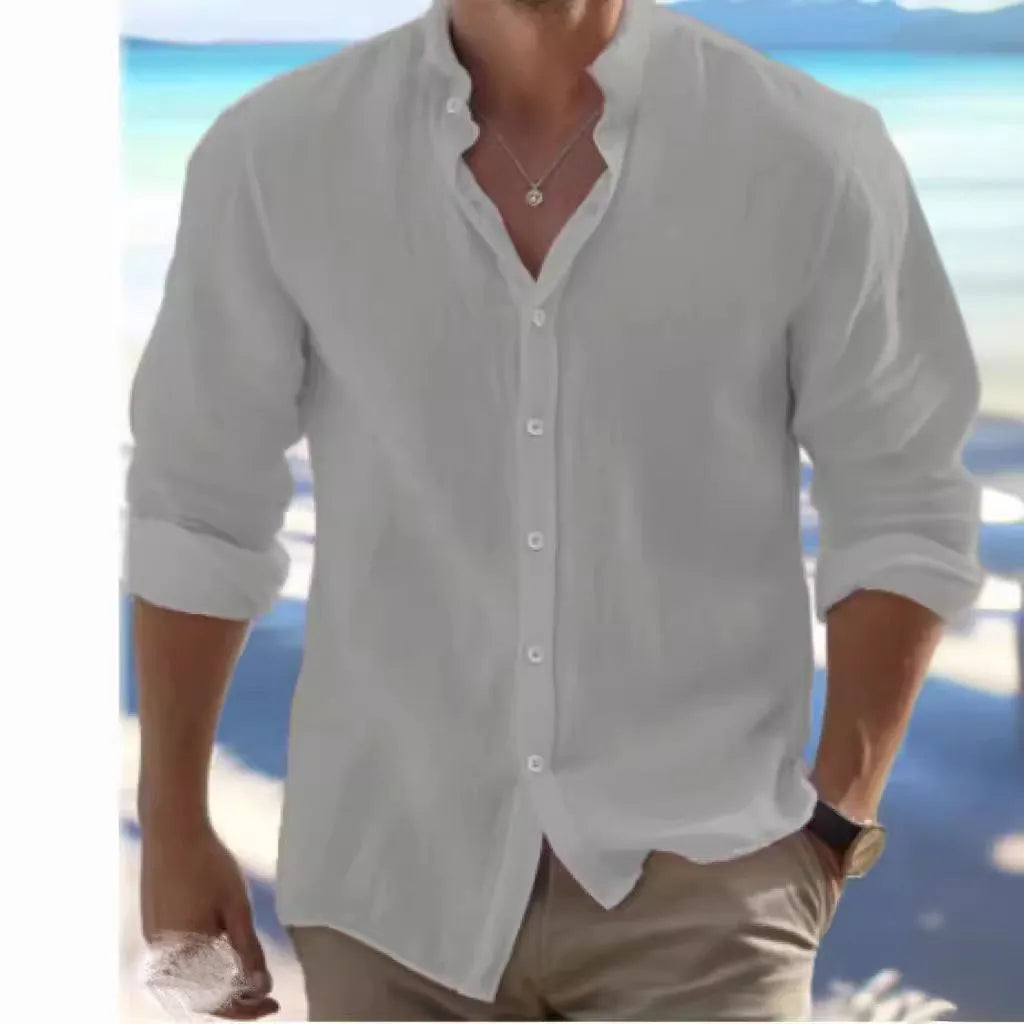 Men's long-staple cotton summer shirt in light blue with button front and casual collar