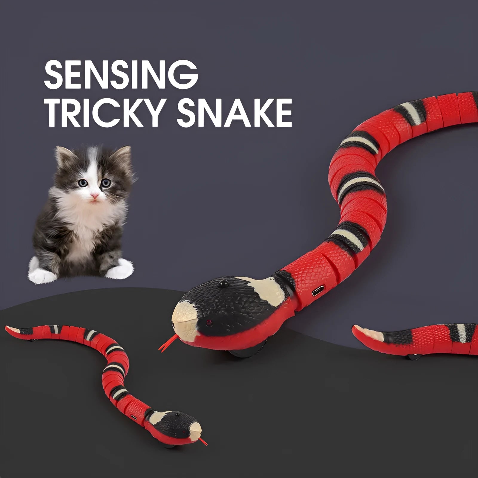 Electronic snake cat toy with segmented plastic body showing S-type crawling motion on floor
