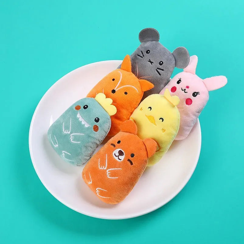 Plush catnip chewing toy for teeth grinding in assorted colours on a white background