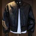 Men's extended length black PU leather jacket with a tight-fitting business casual style