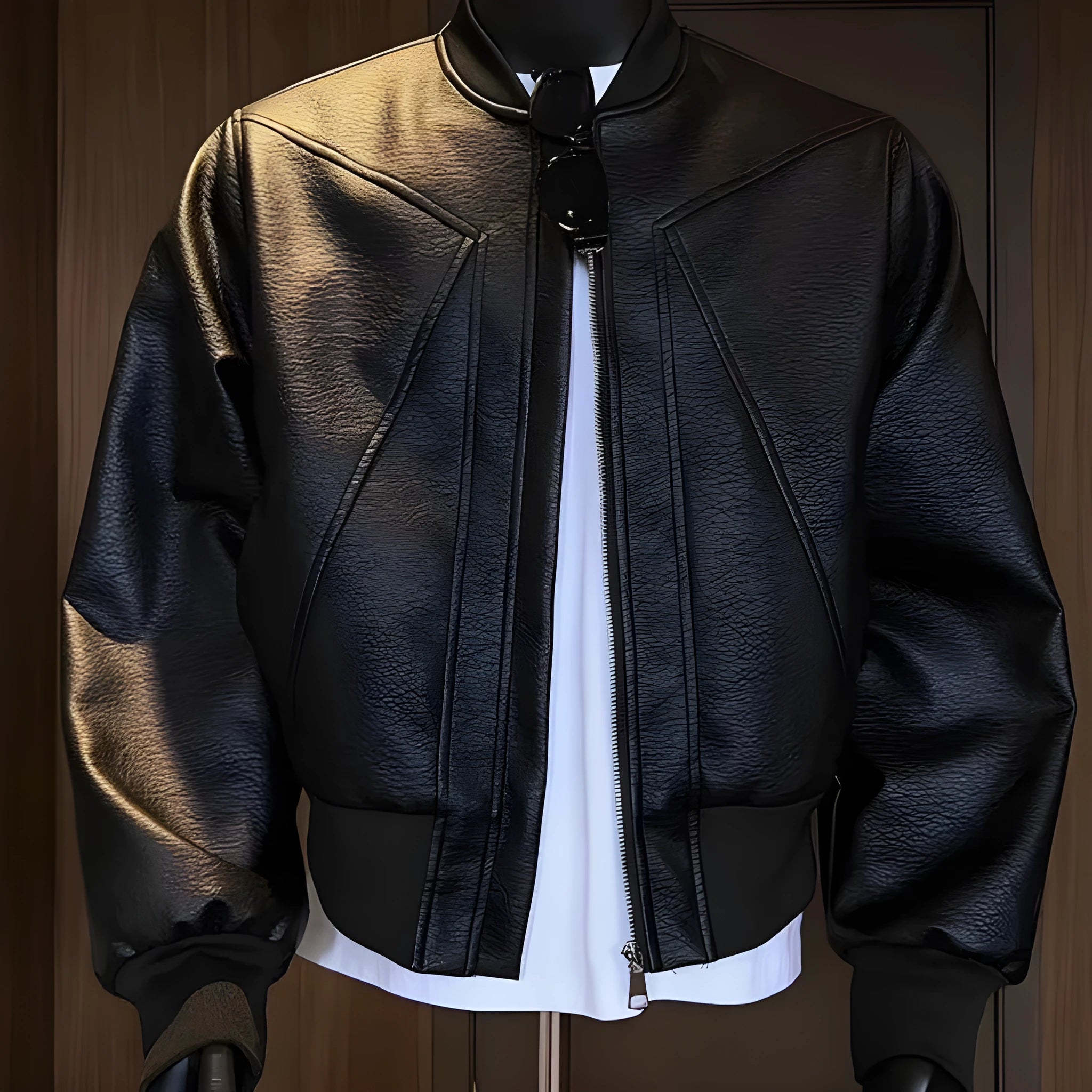 Men's extended length black PU leather jacket with a tight-fitting business casual style