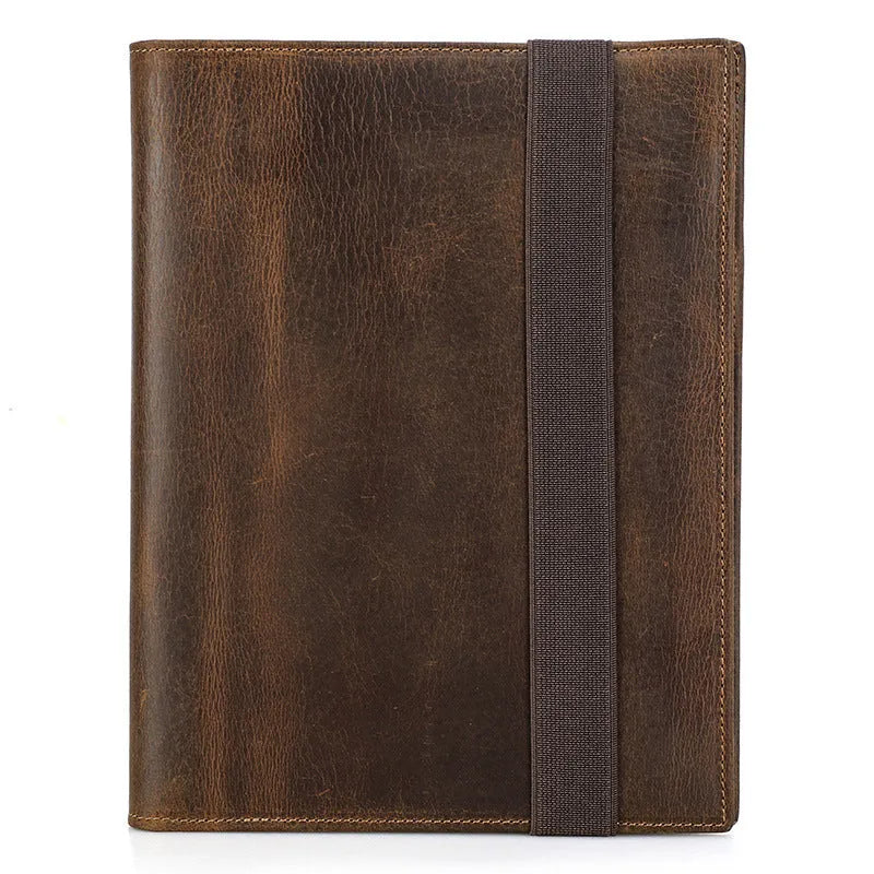 Brown Crazy Horse leather A5 notebook protective sleeve with socket closure