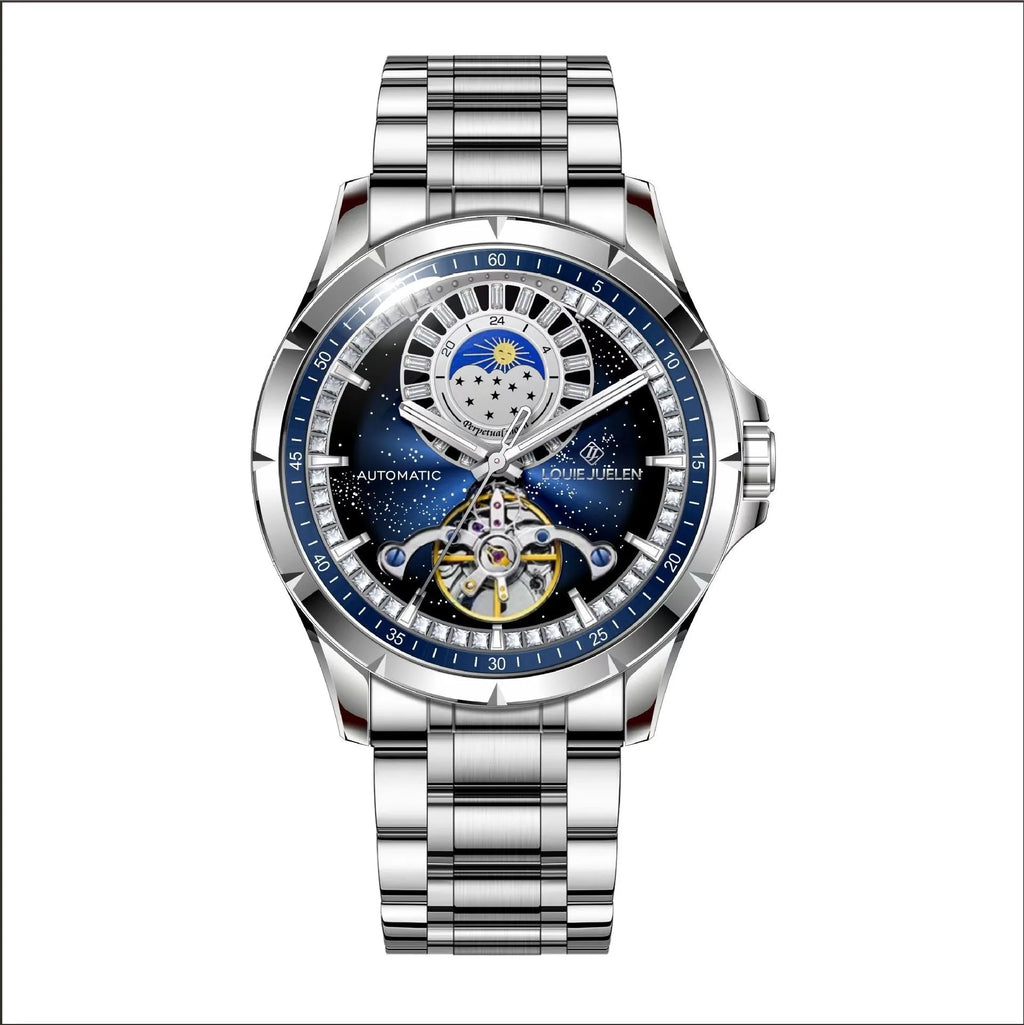 Men's silver automatic watch with blue dial and stainless steel strap