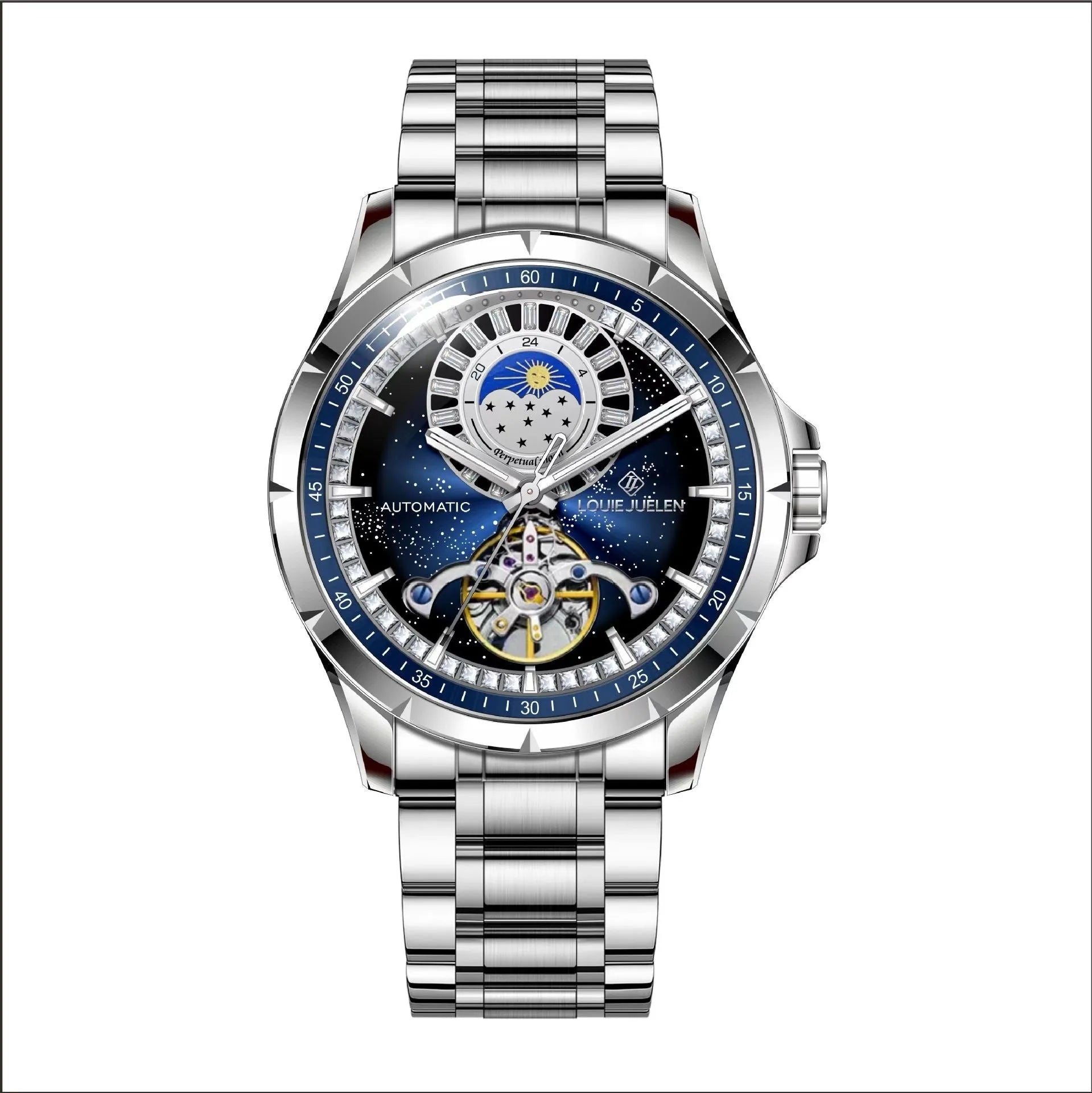 Men's silver automatic watch with blue dial and stainless steel strap