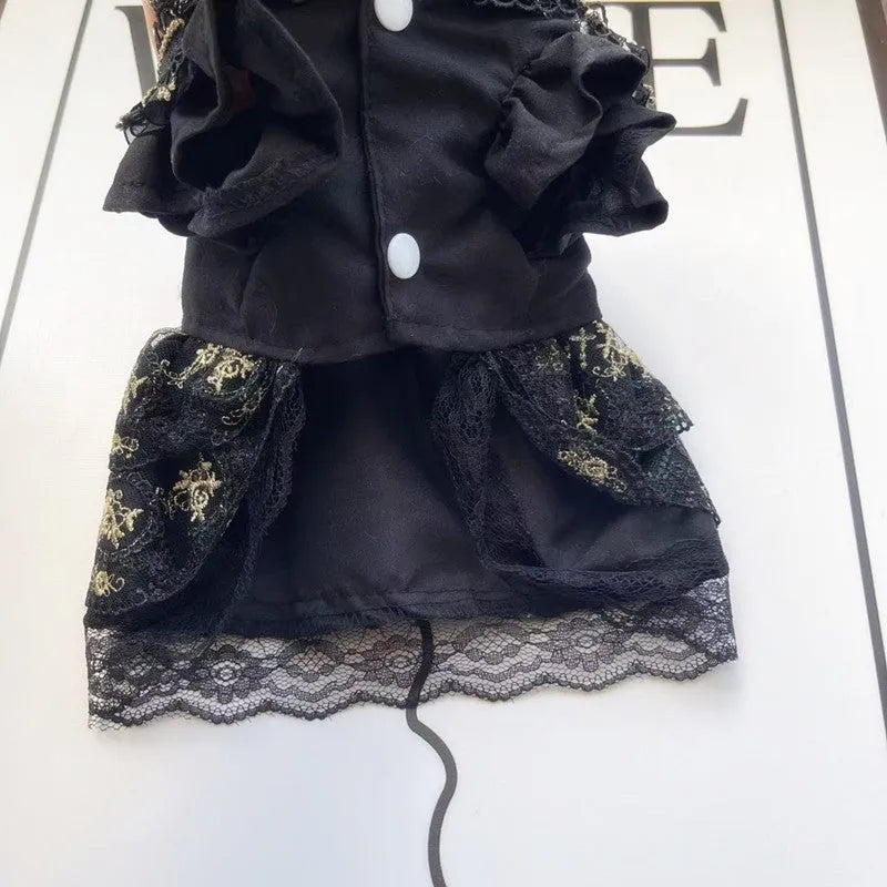 Golden Gothic princess style skirt costume for a small dog or cat on a mannequin.