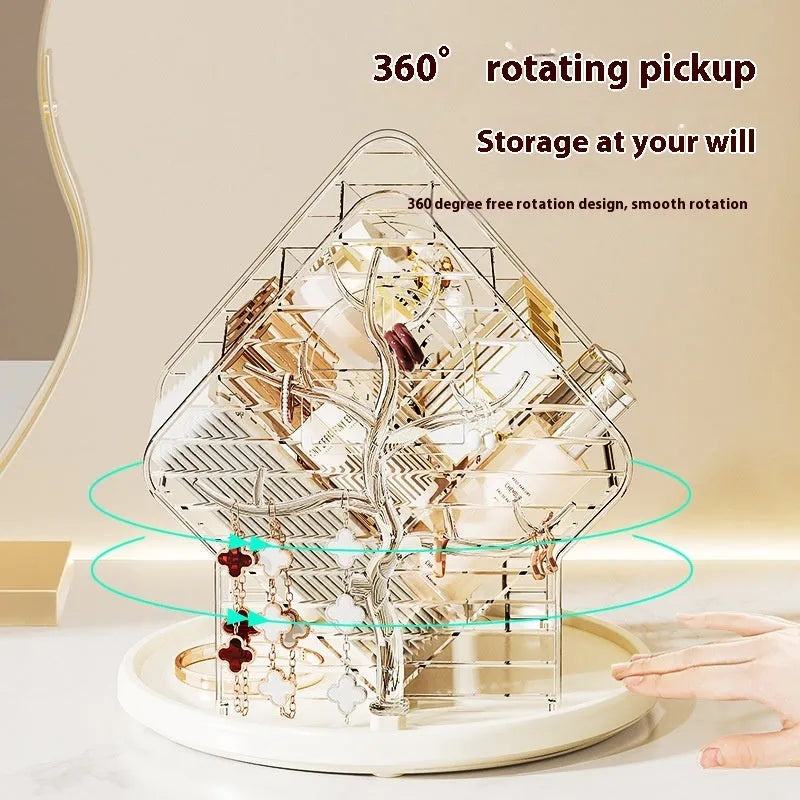 Rotating transparent cosmetics storage box with 360° rotation in light luxury style