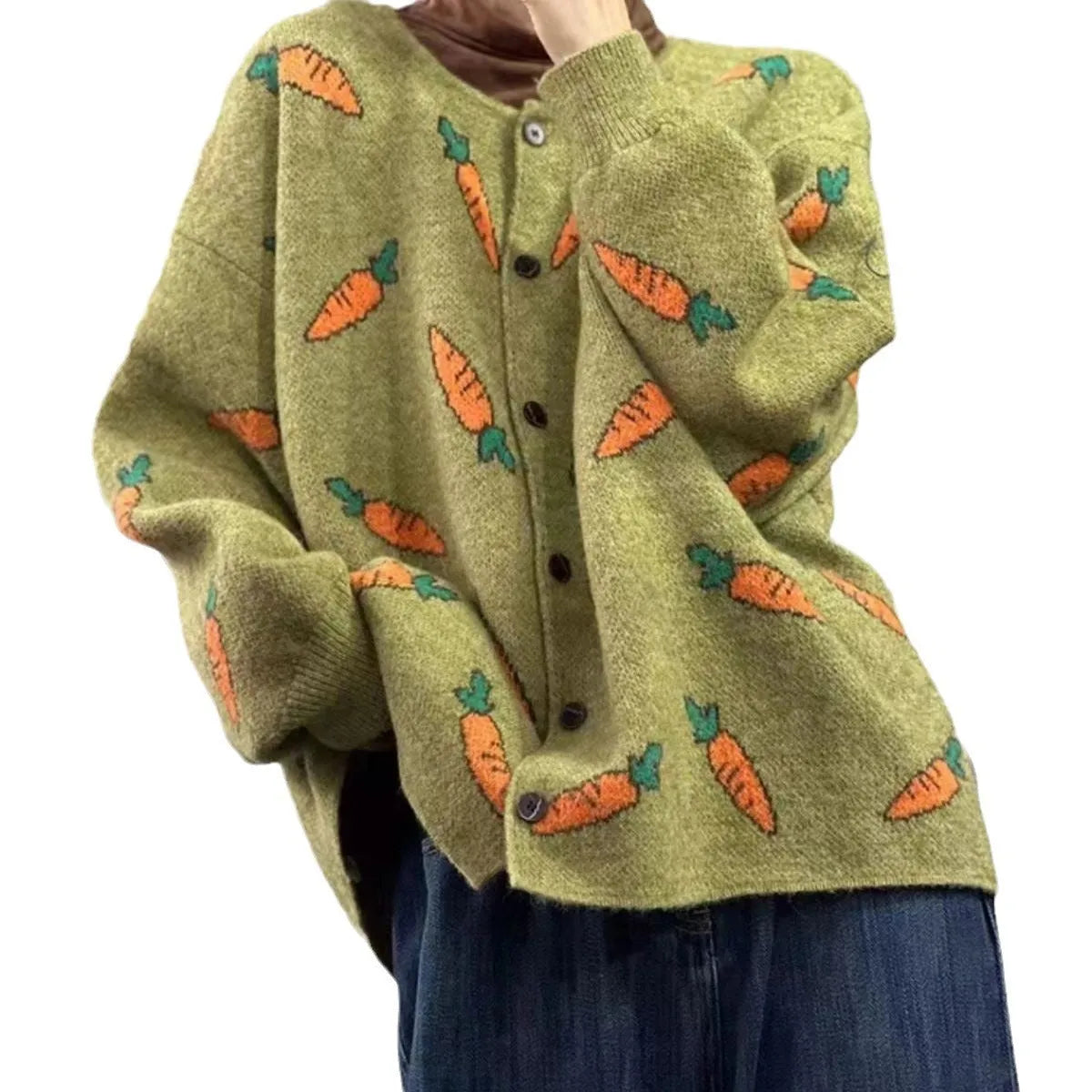 Mori artistic printing cardigan sweater with colour contrast pattern, loose casual cut