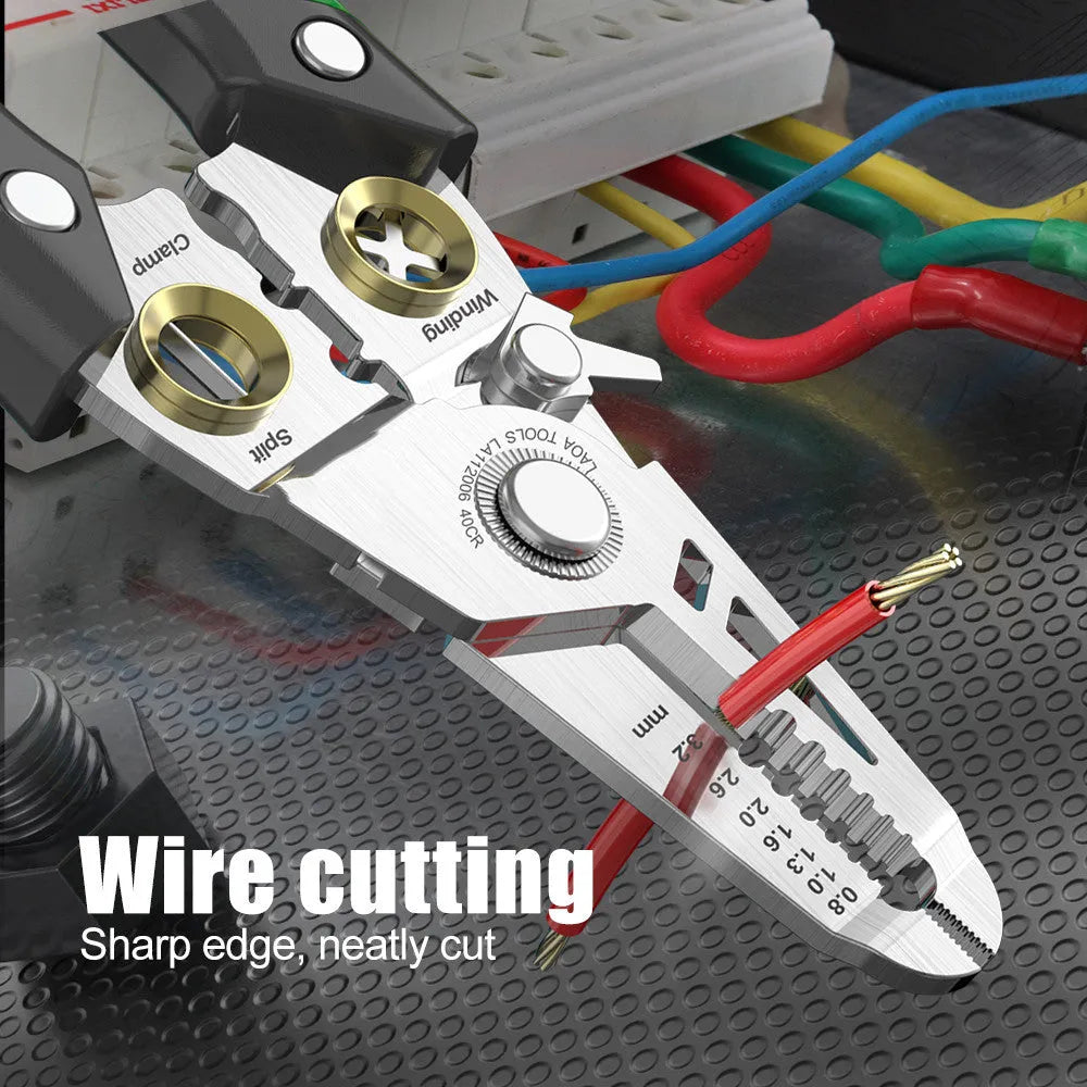 Stainless steel multifunction wire stripper and crimping pliers with two-colour handle showing seven stripping ports.