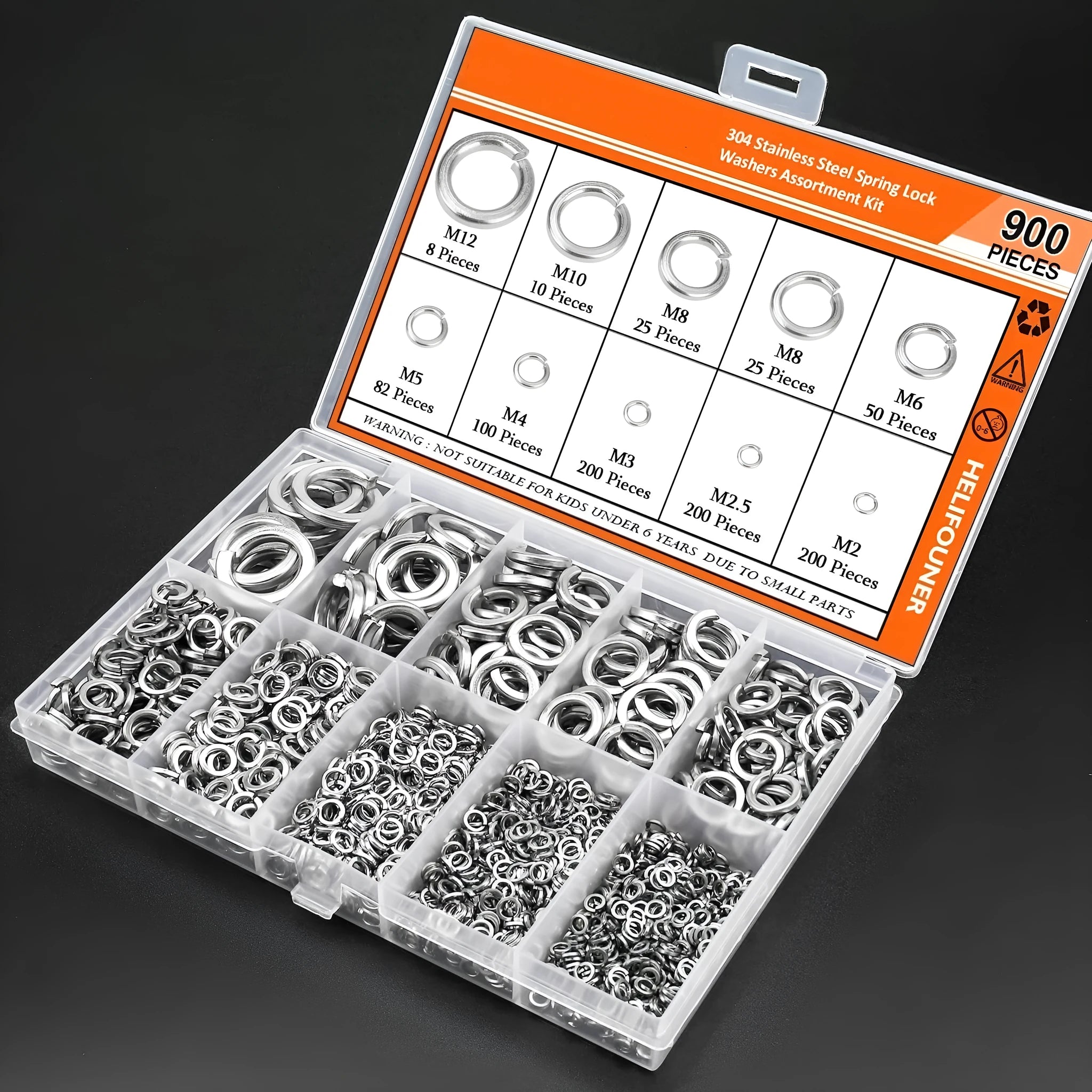 304 stainless steel spring lock washer combination box containing 900 assorted pieces