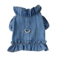 Blue denim pet dog dress with ruffle vest styling and leash hooks at chest and back