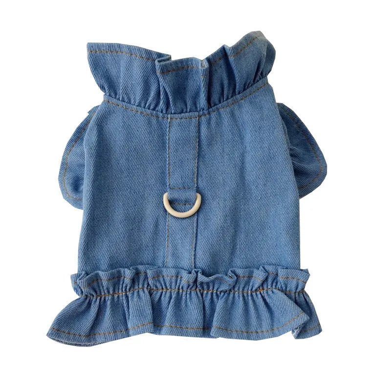 Blue denim pet dog dress with ruffle vest styling and leash hooks at chest and back