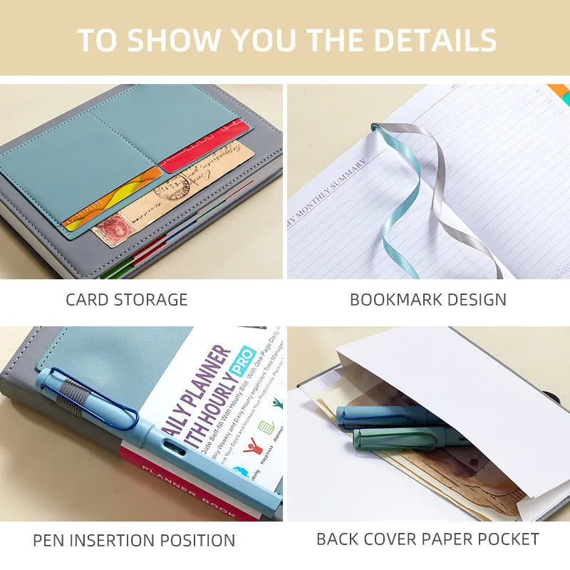Open no-date notebook with thread binding, showing 80g wood-free paper and planning stickers on a purple PU leather cover.