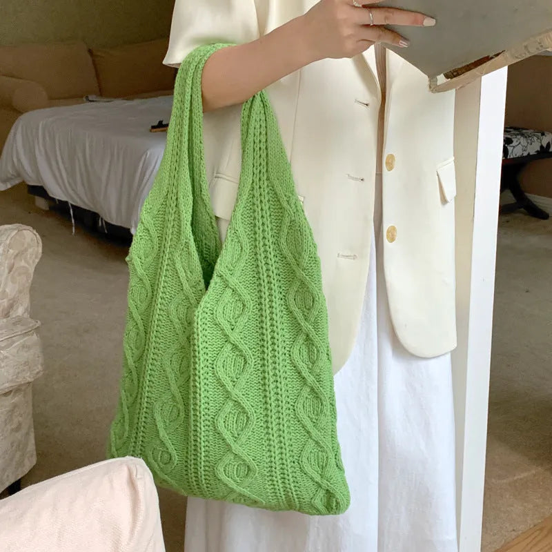 Retro hollow-knitted wool yarn women's shoulder tote bag in solid colour with double straps
