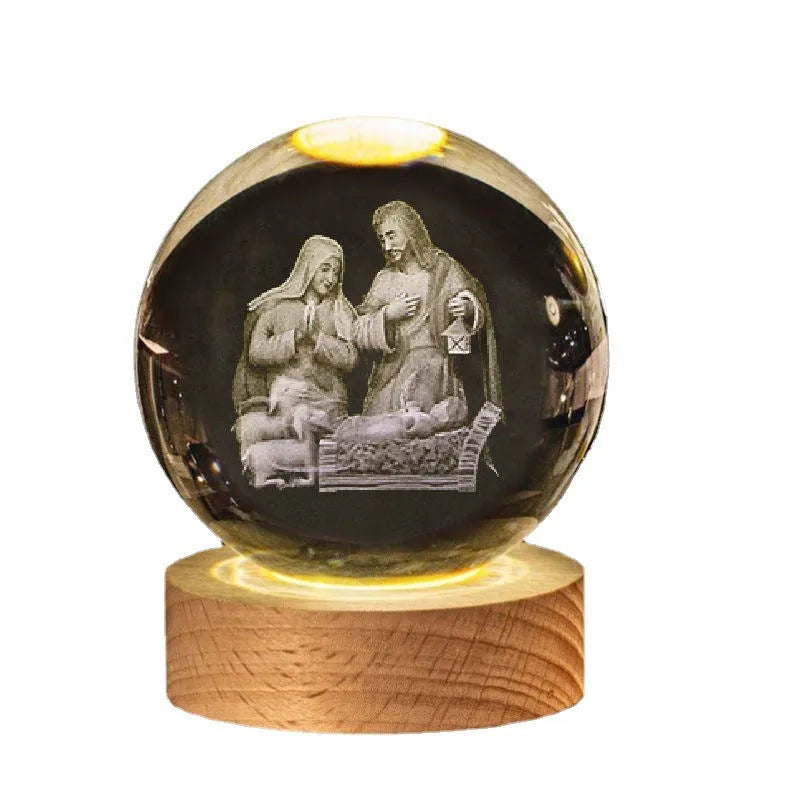 White crystal religious ornament with cross designs on 6cm ball with warm light wood base