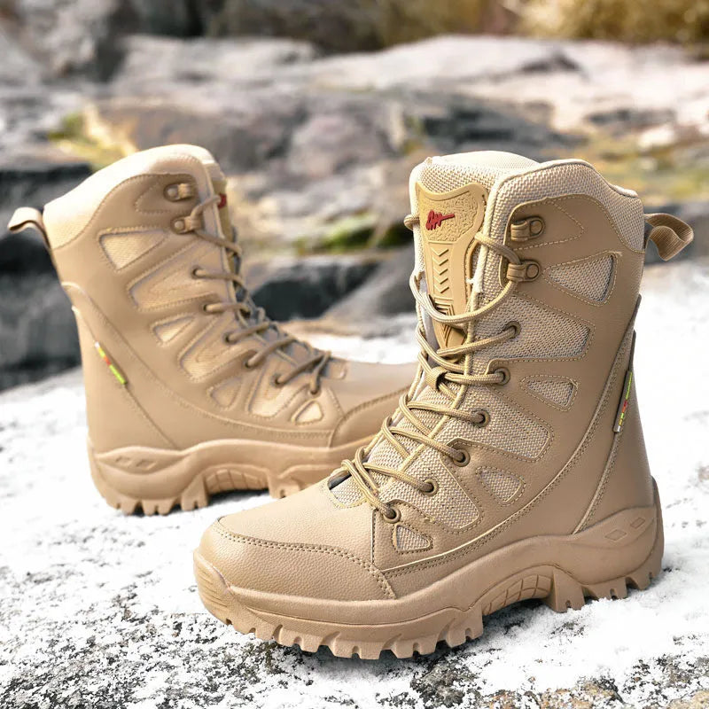 Cowhide leather hi-top hiking shoes with platform sole in beige colour
