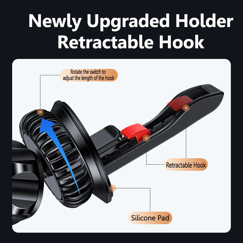 Black car air vent magnetic phone holder with alloy bracket mounted on vehicle ventilation