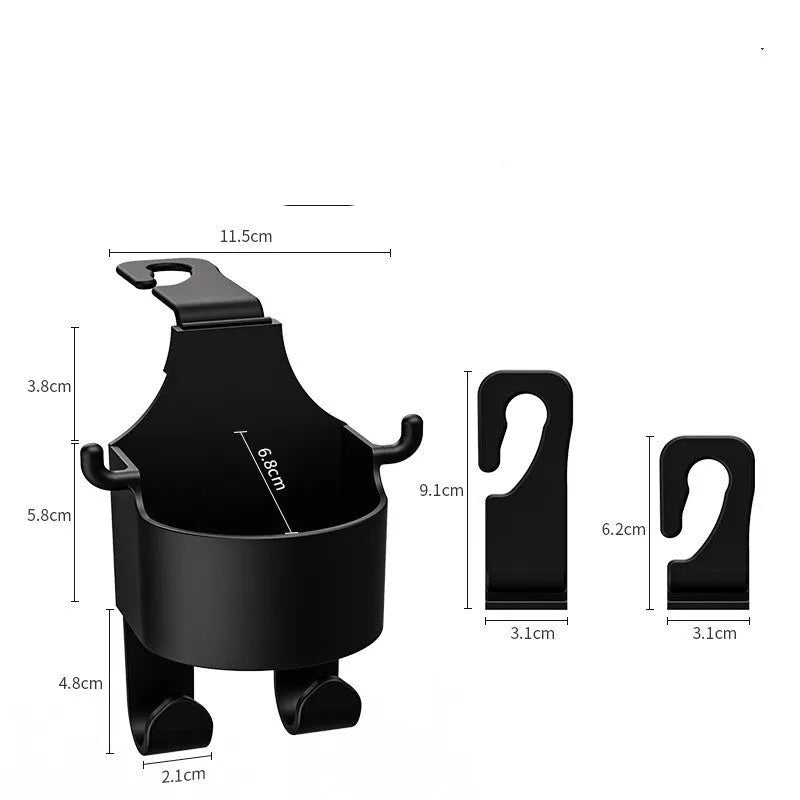 Black plastic car hook seat back organiser with cup holder measuring 8.5x7.1x14.4cm