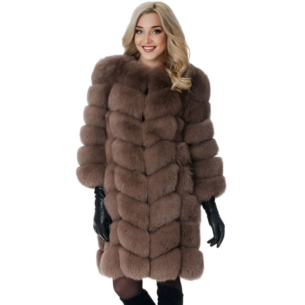Women's thick warm artificial fur coat in apricot colour with regular sleeves and 80cm length
