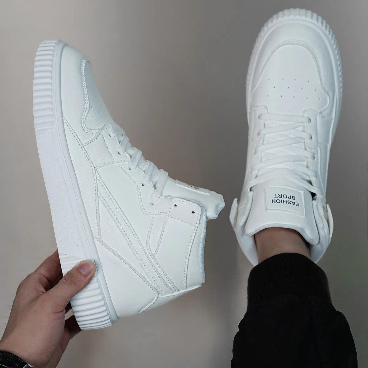 White men's microfiber casual shoes with a round toe, shown on a plain background.