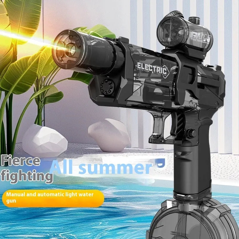 Fire Rat electric water pistol in black showing automatic drum magazine and USB charging port for outdoor summer water fights