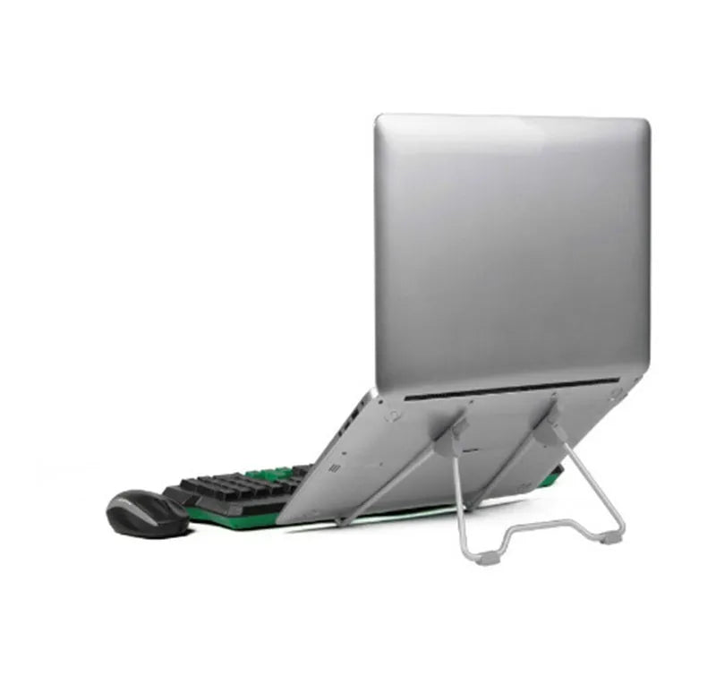 Grey aluminium alloy and plastic folding stand holding a mobile phone and a small laptop.